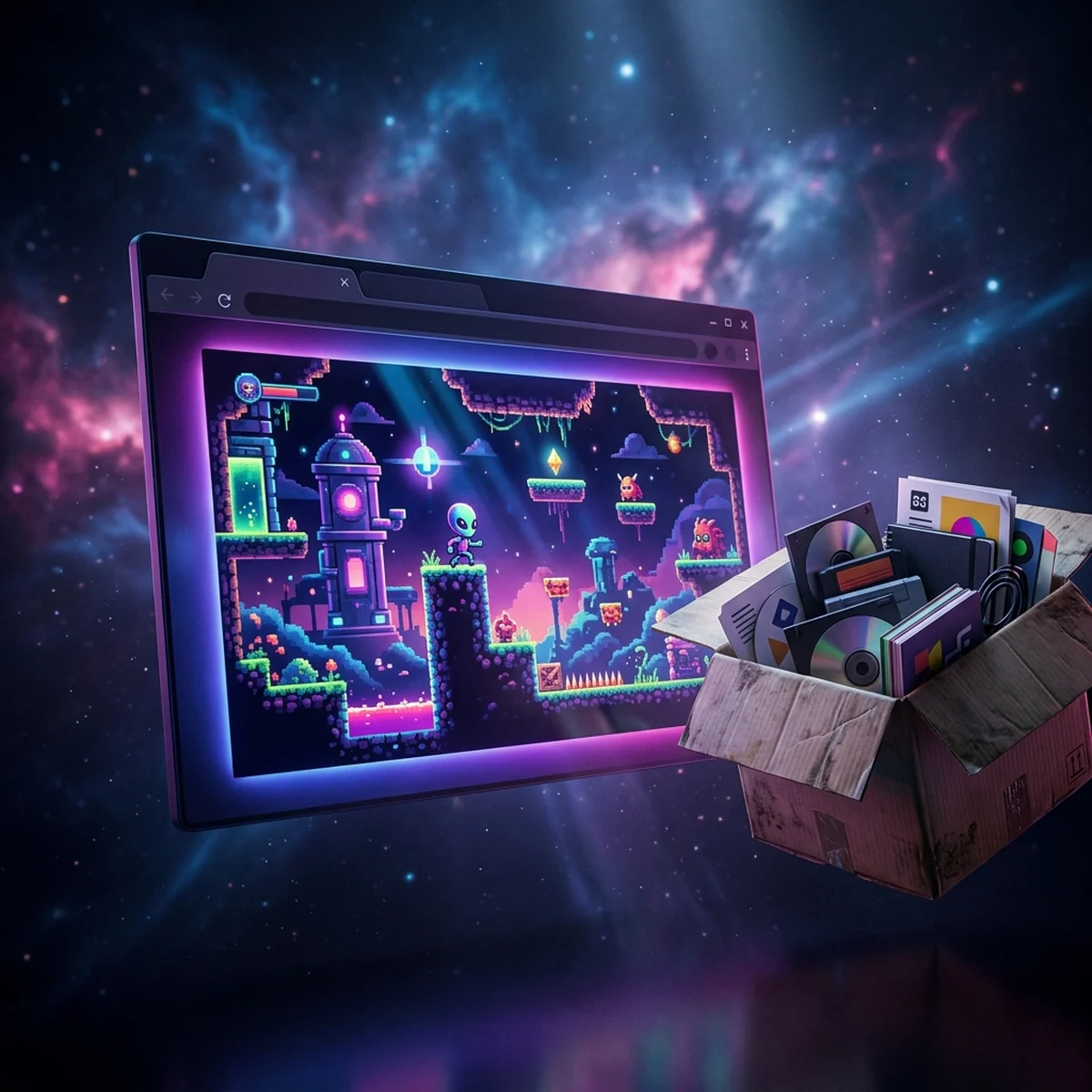 Janela de navegador com um jogo de plataforma colorido rodando e uma caixa de papelão sendo enviada para dentro da tela