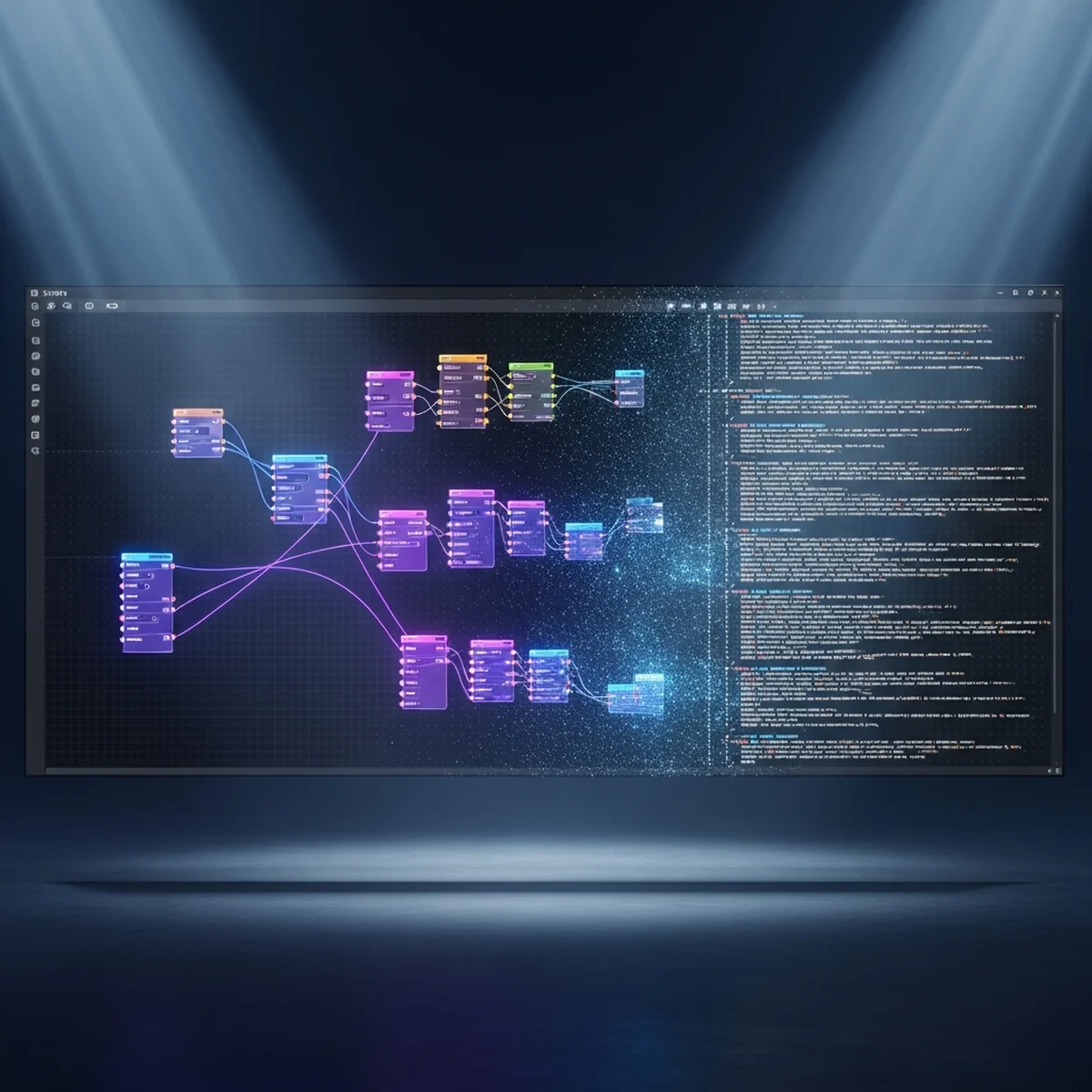 Tela de editor de jogos com nós de programação visual conectados, sobre um fundo escuro
