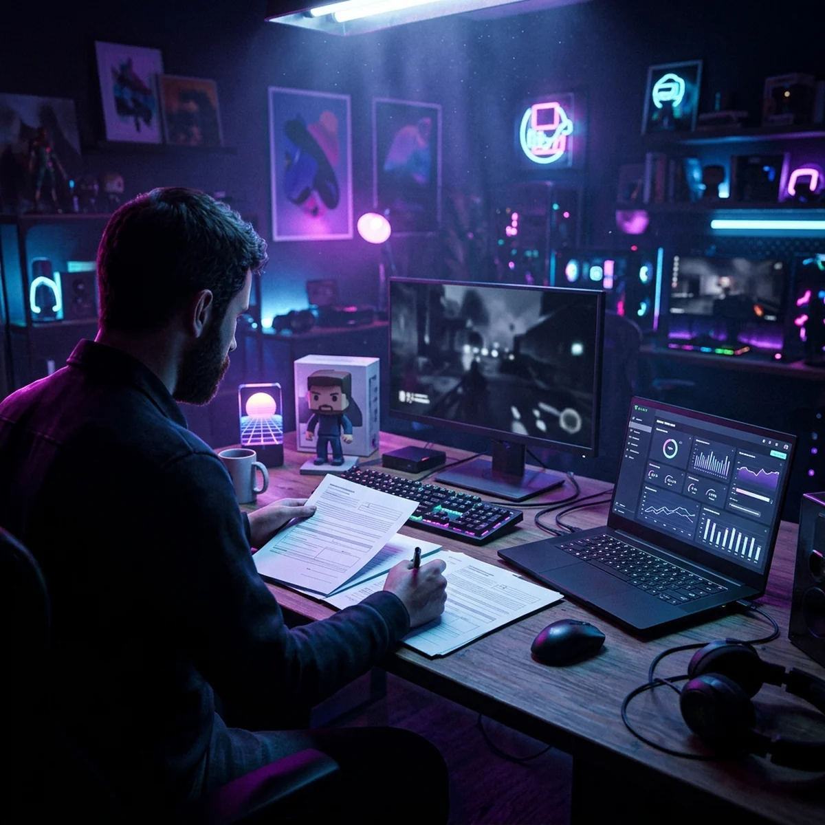 Desenvolvedor indie revisando o contrato de licenca da Unreal Engine ao lado de uma planilha de receita de um jogo