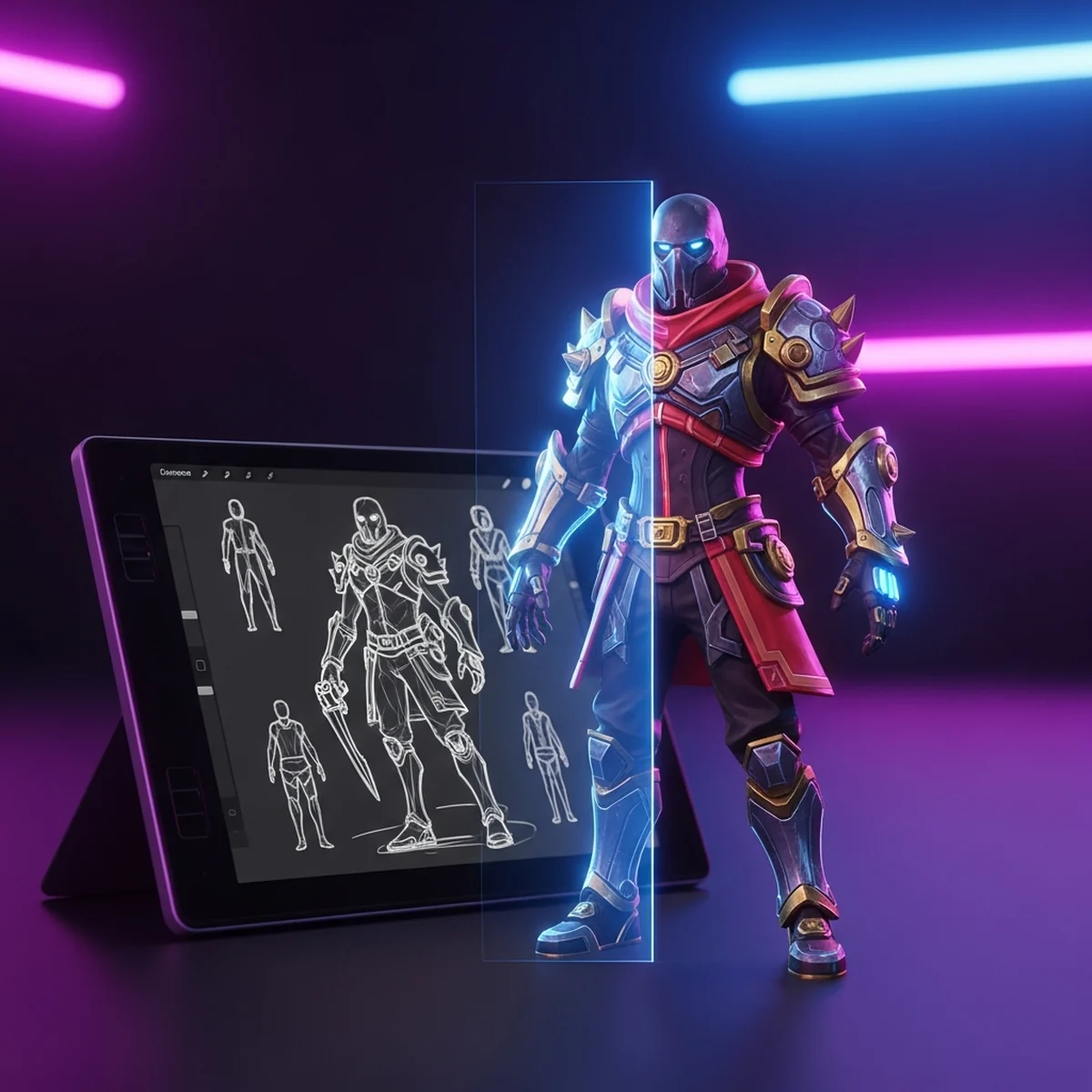 Mesa de trabalho de desenvolvedor de jogos com estudos de concept art, paleta de cores e um monitor mostrando variações de um personagem em poses diferentes