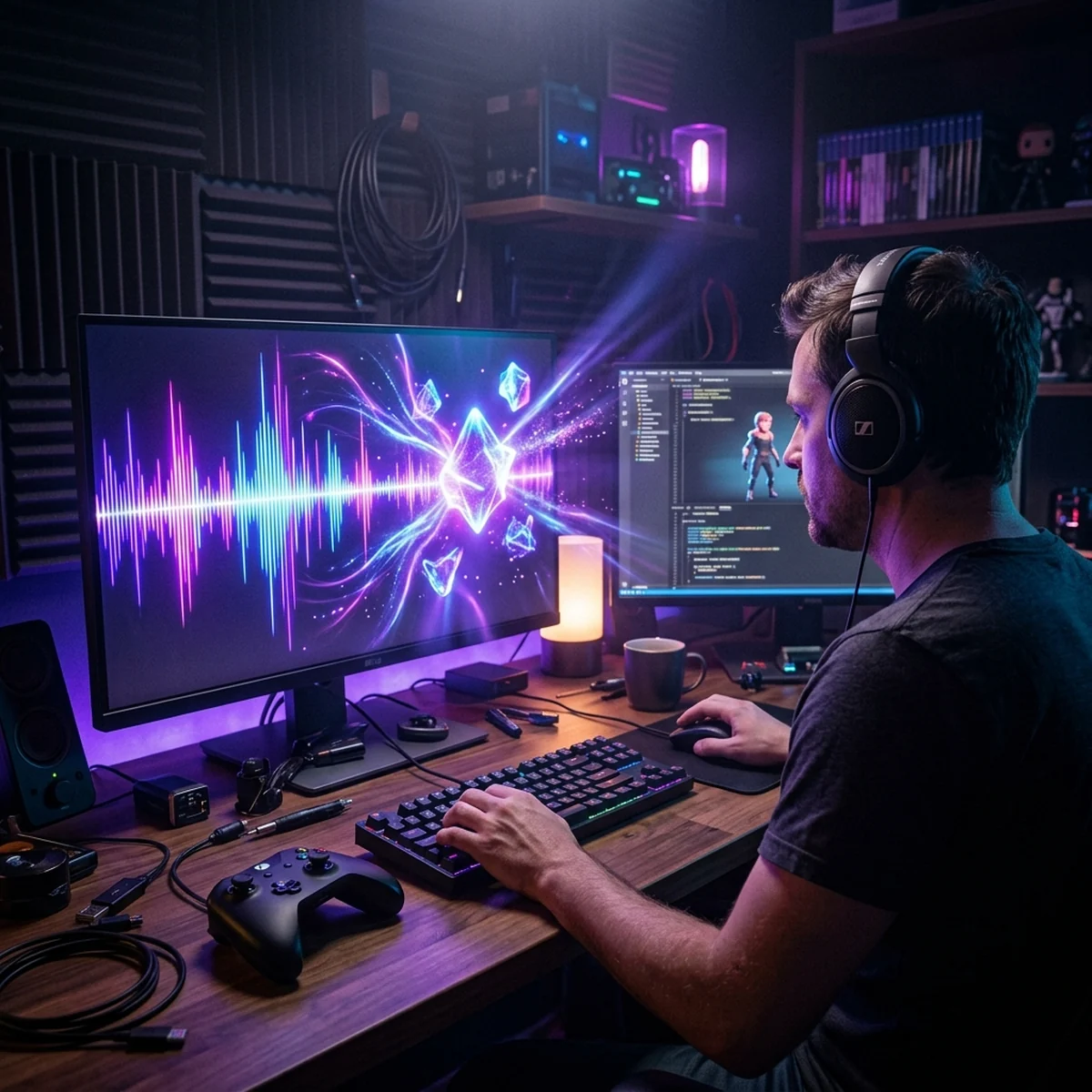 Mesa de desenvolvedor solo com fones de ouvido, forma de onda sonora na tela e um controle de video game ao lado, luz quente