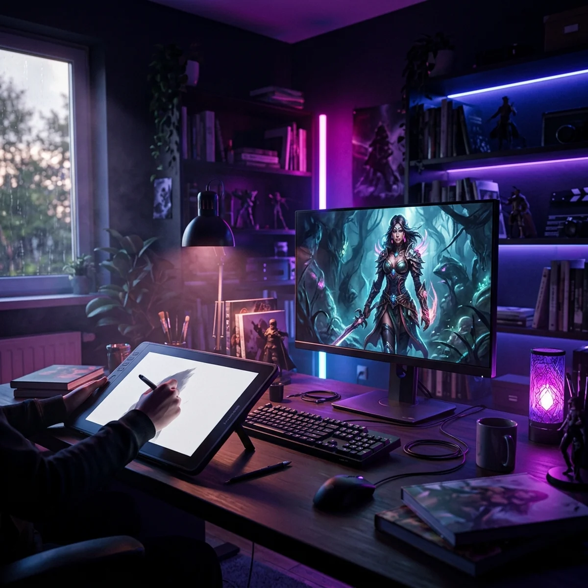Ilustrador trabalhando em casa com mesa digitalizadora e dois monitores, um deles com concept art de personagem aberto