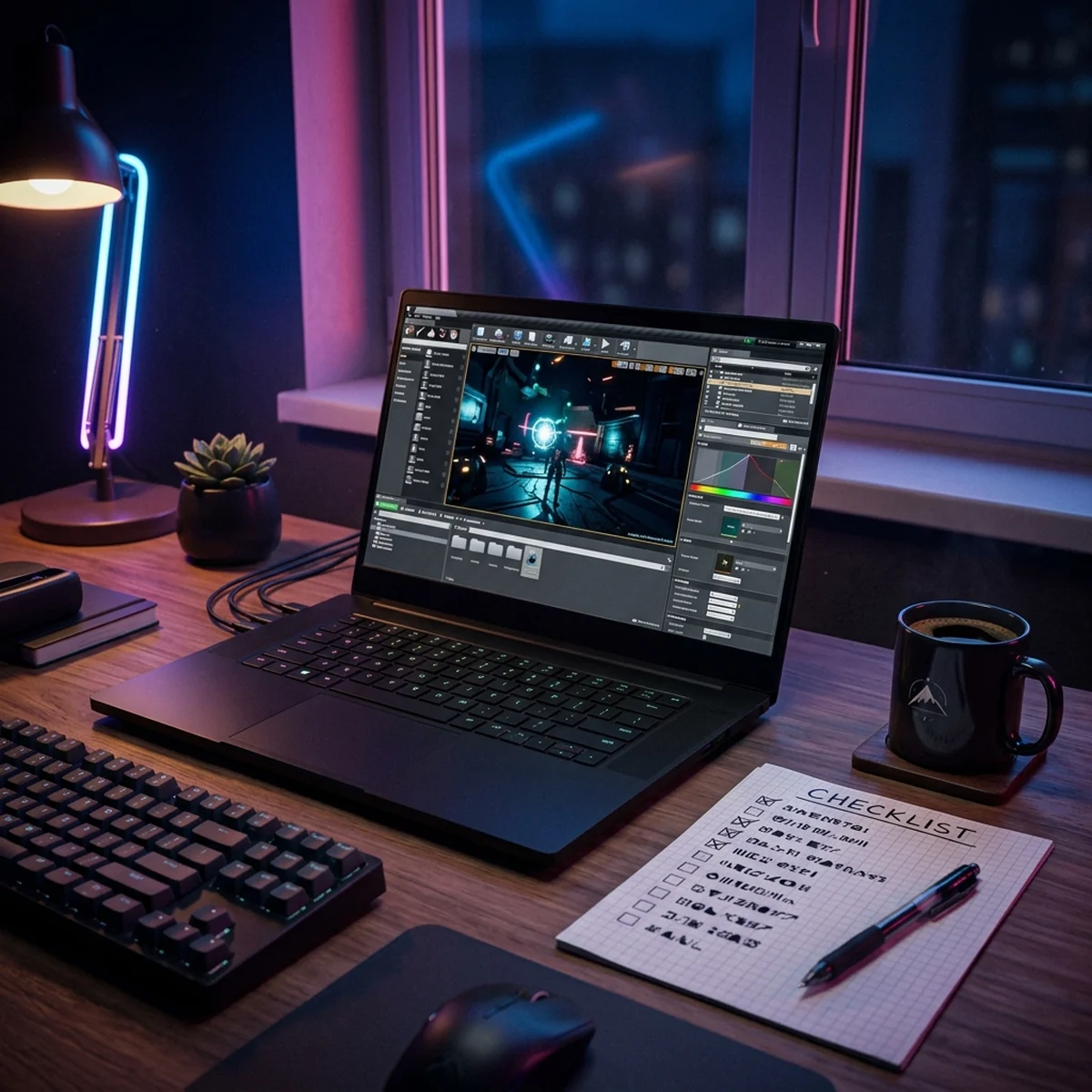 Mesa com notebook aberto num editor de jogo, ao lado de uma lista de requisitos com caixas de seleção marcadas