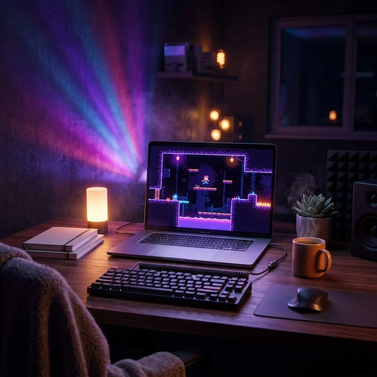 Pessoa escrevendo código em um editor de texto ao lado de uma janela com um jogo 2D simples rodando