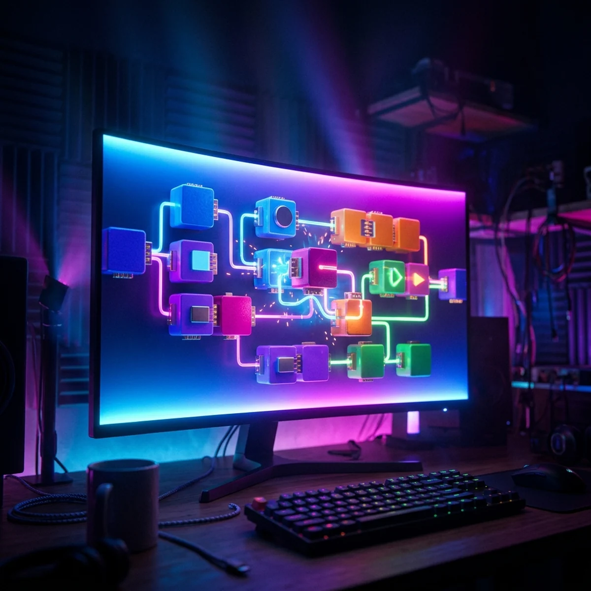 Criança montando blocos coloridos de código na tela do Scratch com um gato controlando um jogo simples