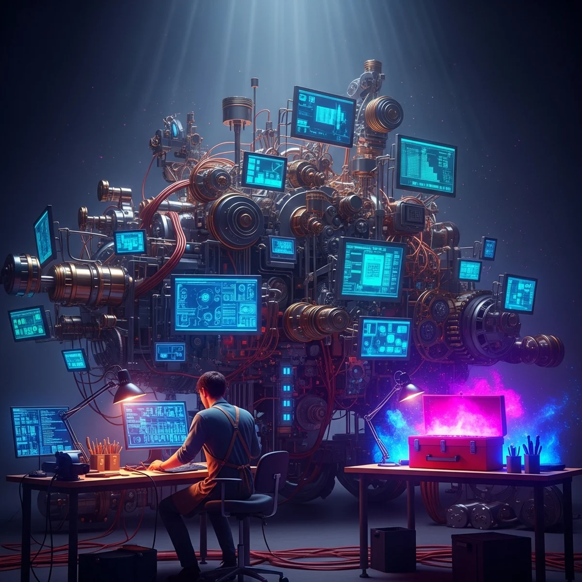 Programador em frente a dois monitores, um com código de engine em C++ e outro com um jogo rodando em uma engine pronta