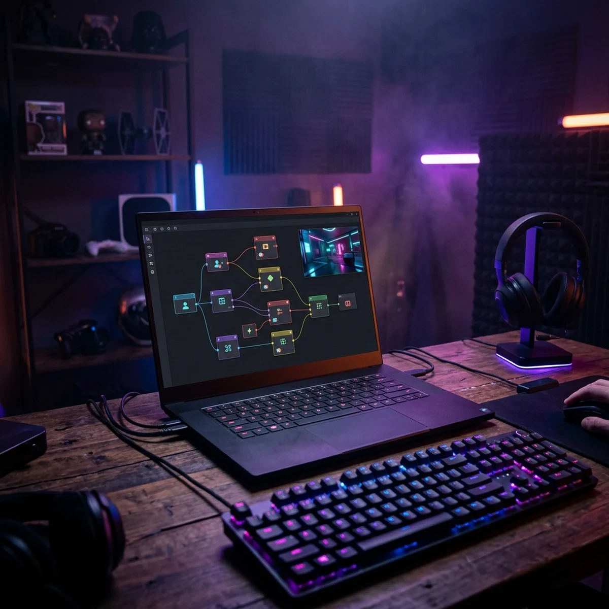 Mesa de trabalho com um notebook mostrando o editor de uma engine no-code e blocos de lógica coloridos ao lado