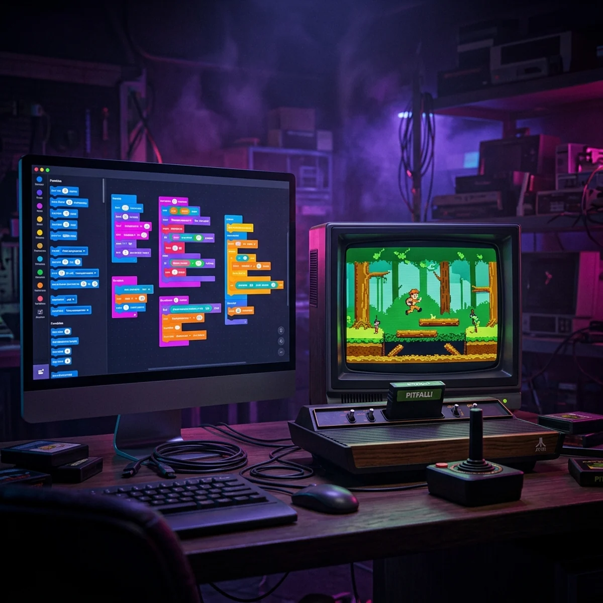 Tela de computador mostrando blocos coloridos de programação ao lado de um jogo pixelado retrô rodando em um emulador antigo