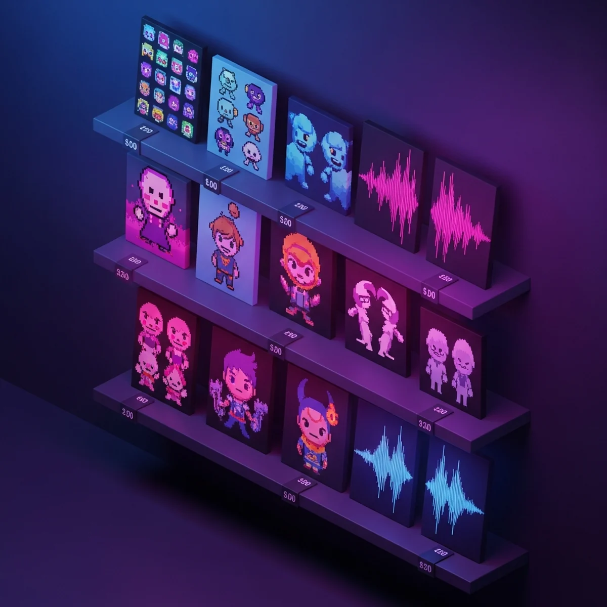 Prateleira digital de marketplace exibindo pacotes de assets de jogos como sprites, modelos 3D e ondas sonoras com etiquetas de preço