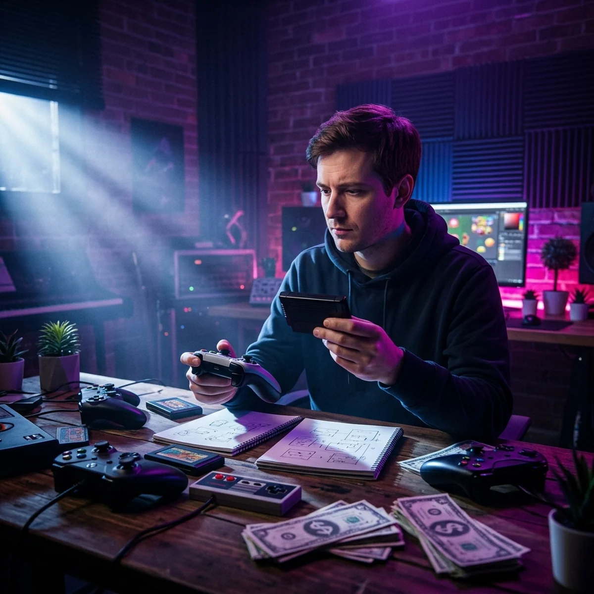 Controles de console ao lado de um cartucho e simbolos de dinheiro, com um desenvolvedor indie decidindo se lanca o jogo no console