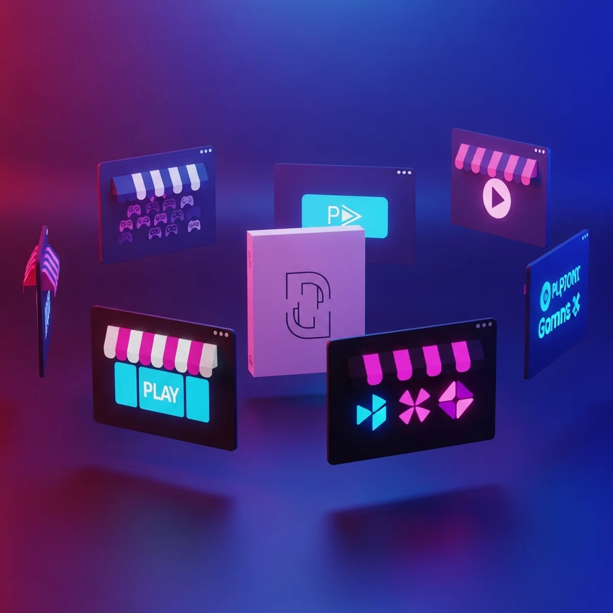 Desenvolvedor indie analisando várias vitrines de lojas digitais de jogos em telas lado a lado
