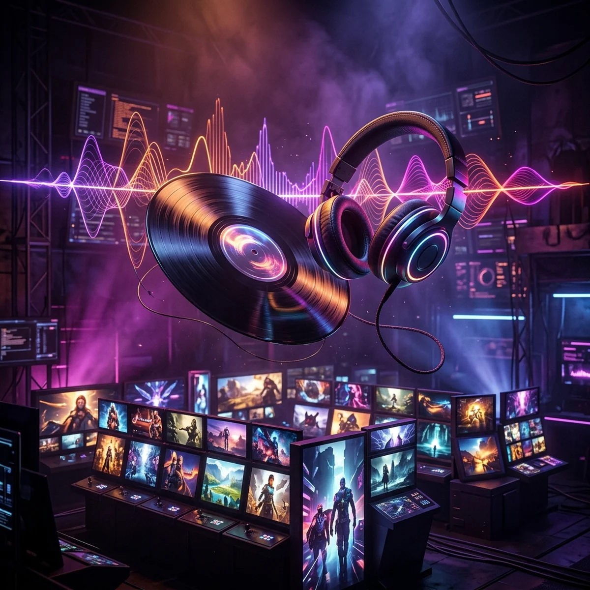 Disco de vinil e fones de ouvido flutuando sobre uma loja digital de jogos com ondas sonoras, representando a venda de trilha sonora na Steam