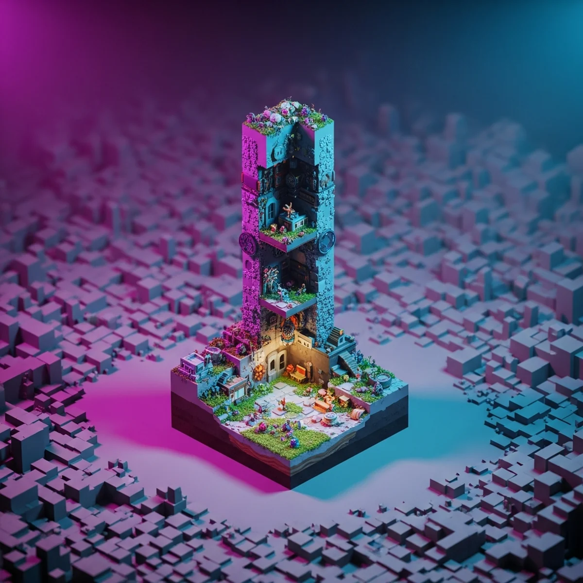 Bloco em corte mostrando uma fatia fina e detalhada de um jogo ao lado do projeto inteiro em cinza