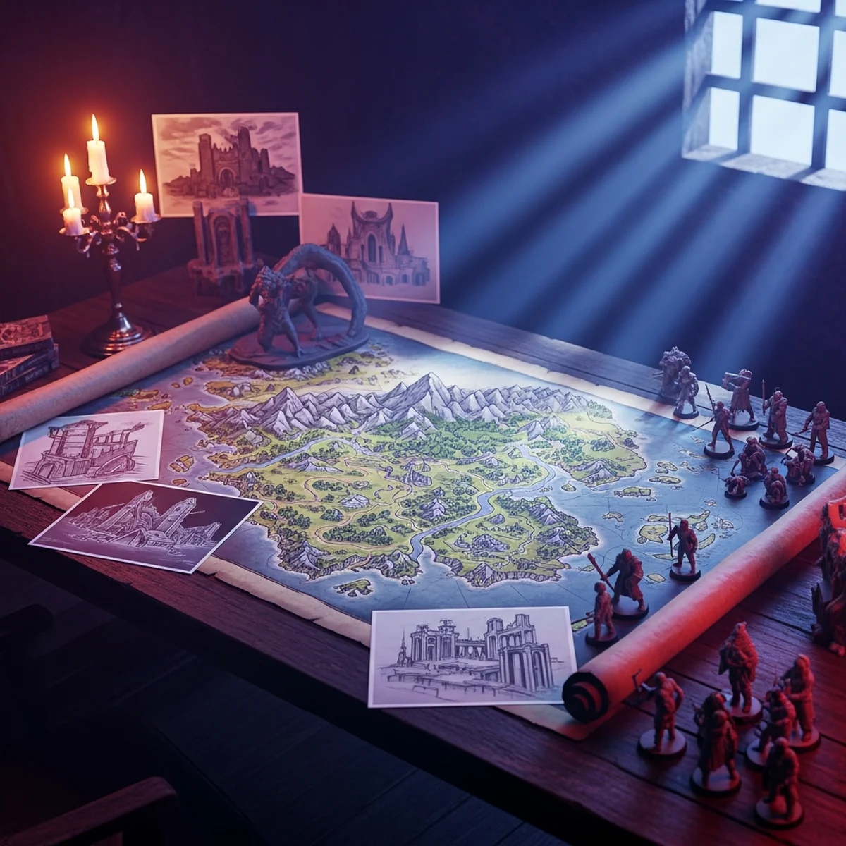 Mapa de mundo de jogo desenhado à mão sobre uma mesa, com anotações de design conectando regiões a mecânicas
