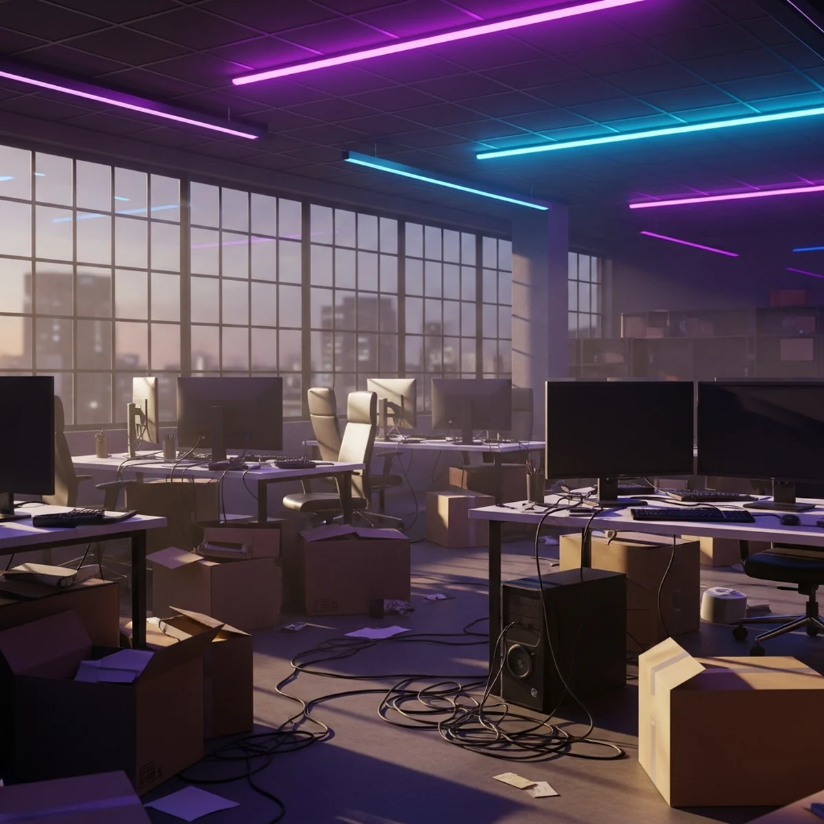 Controle de Xbox sobre uma mesa de escritório vazia, com caixas de mudança e cadeiras desocupadas em um estúdio de jogos ao fundo
