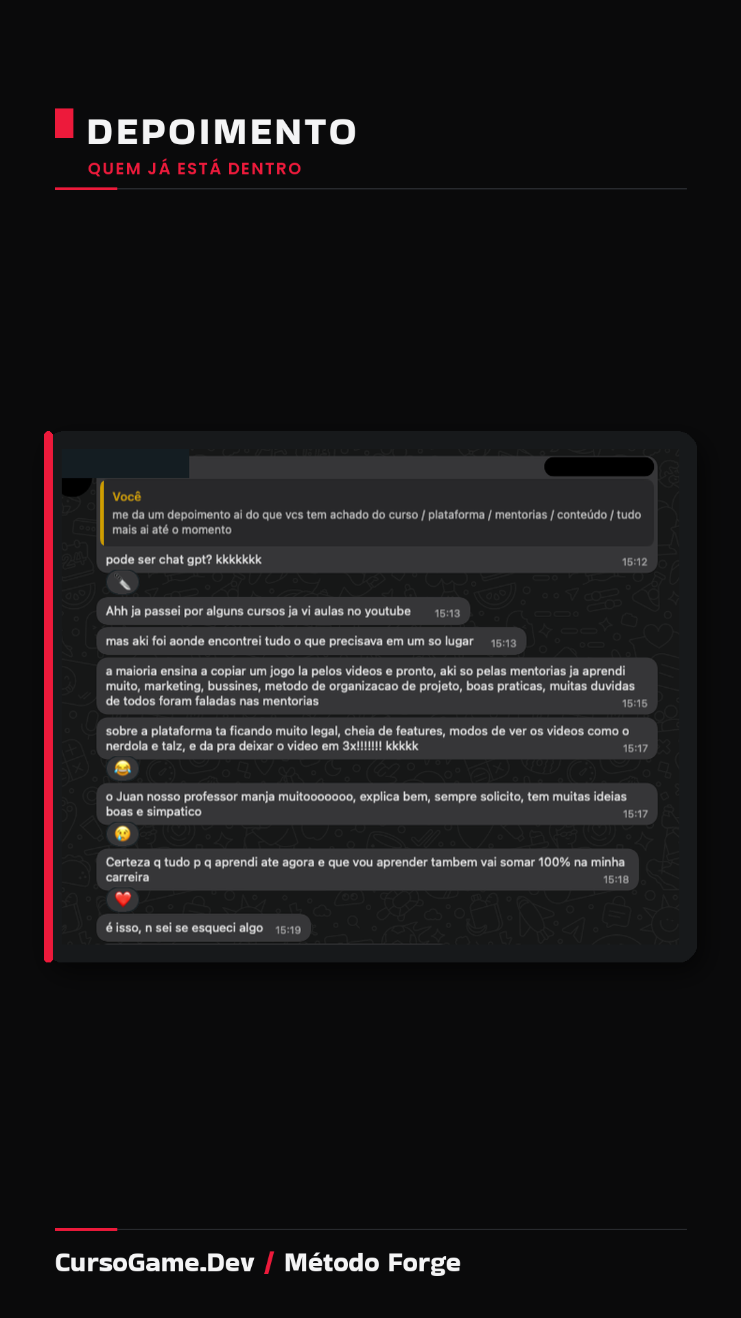Depoimento de aluno do CursoGame.Dev