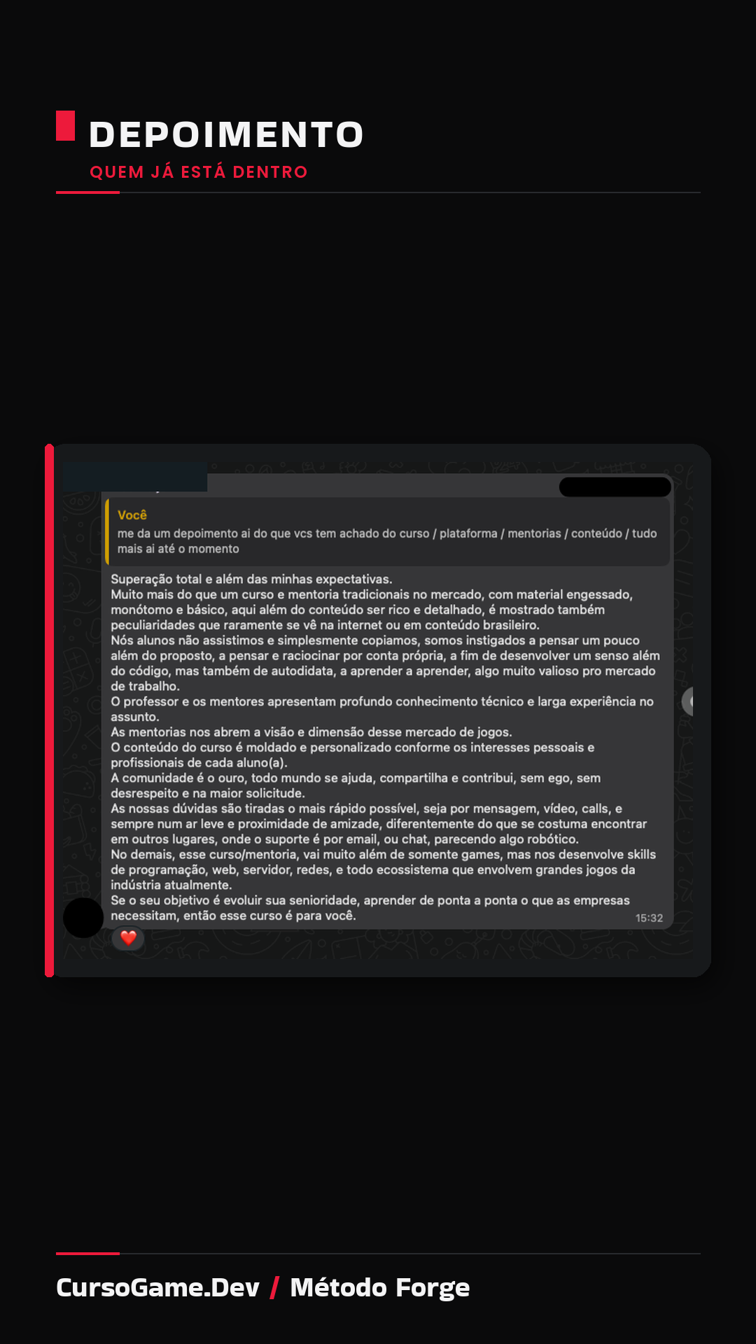 Depoimento de aluno do CursoGame.Dev