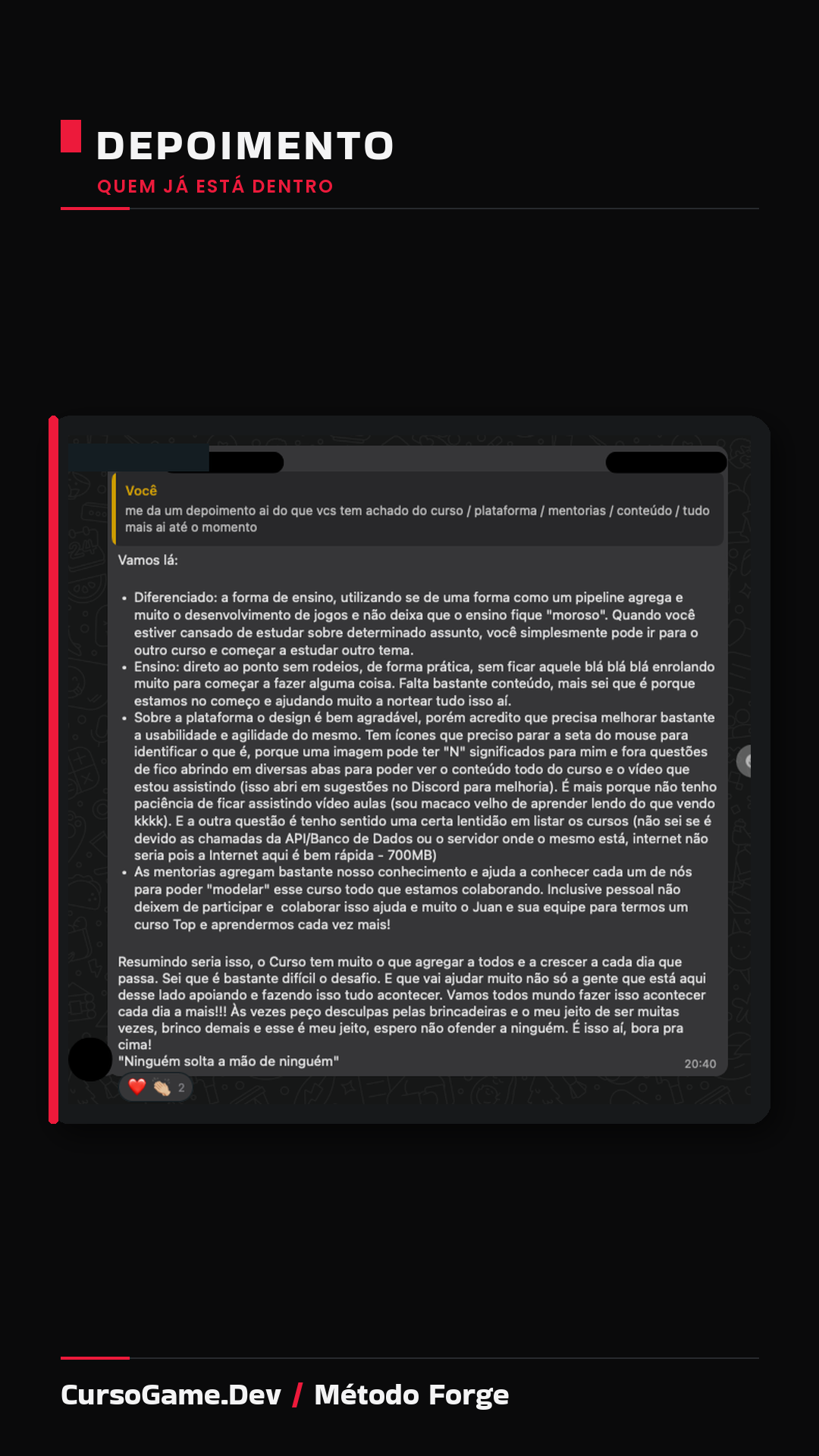 Depoimento de aluno do CursoGame.Dev